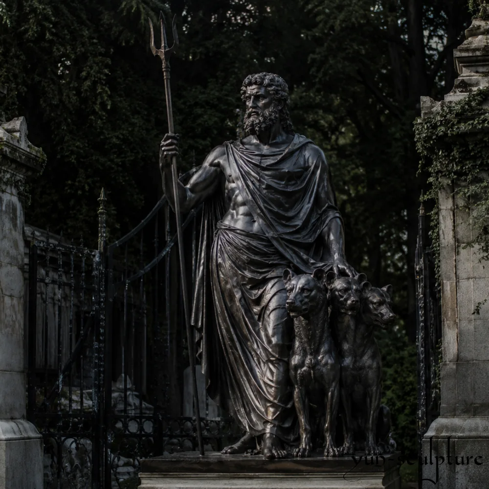 A majestic life-size cast bronze statue of Hades (Pluto) with his three-headed dog Cerberus, guarding a formal garden gate. Finished in a deep antique black patina, this classical figure embodies the "impersonal sovereignty of natural law" as described in our guide, distinguishing the true Greek tradition from contemporary fantasy designs.