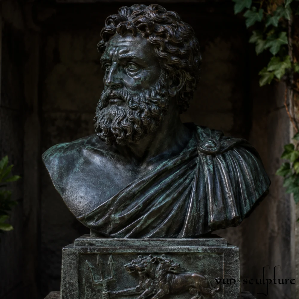 A high-detail cast bronze bust of Hades (Pluto) with a dark antique patina, mounted on a relief pedestal depicting Cerberus. Following the sophisticated ancient tradition of the "Abduction Type," this contemplative figure captures the somber sovereignty of the underworld ruler, making it a profound focal point for memorial gardens or spaces themed around the cycle of renewal.