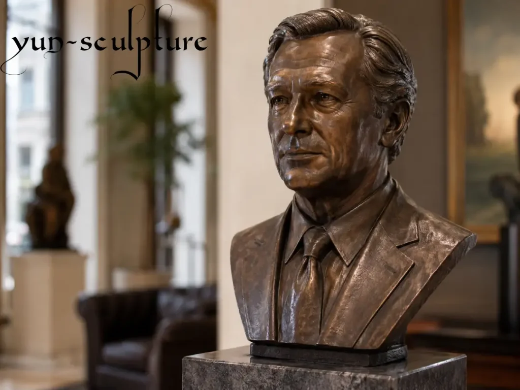 A high-fidelity life-size bronze portrait bust of a gentleman in a suit and tie, hand-cast at the Yun Sculpture foundry. This piece illustrates our labor-intensive portrait commission process, which focuses on achieving precise facial likeness through professional clay modeling and lost-wax casting at a factory-direct price range of
6
,
500
–
6,500–
11,000.