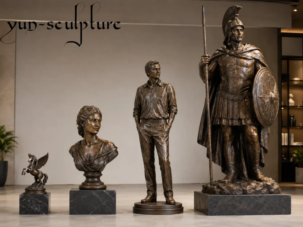 A scale comparison of custom bronze statues, ranging from a 30-inch desktop equestrian figure to a portrait bust, a life-size contemporary man, and a heroic-scale armored warrior. This lineup illustrates how size, weight, and design complexity drive the final cost of professional lost-wax casting commissions at Yun Sculpture.