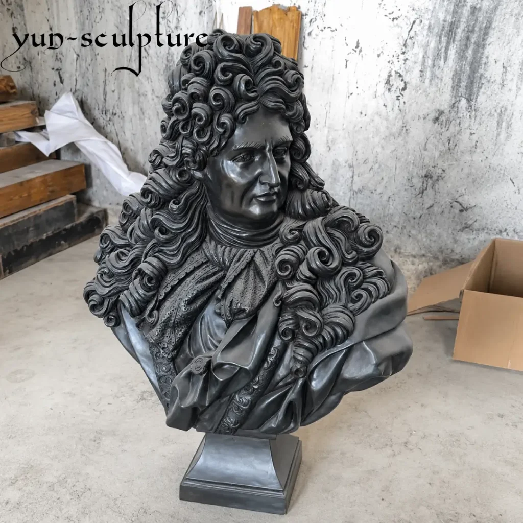A high-detail commemorative bronze portrait bust with an elaborate classical wig, hand-cast at the Yun Sculpture foundry. This memorial piece demonstrates our expertise in reconstructing 3D facial structures from photographs, creating a lasting tribute designed to outlast generations in either indoor or outdoor settings.
