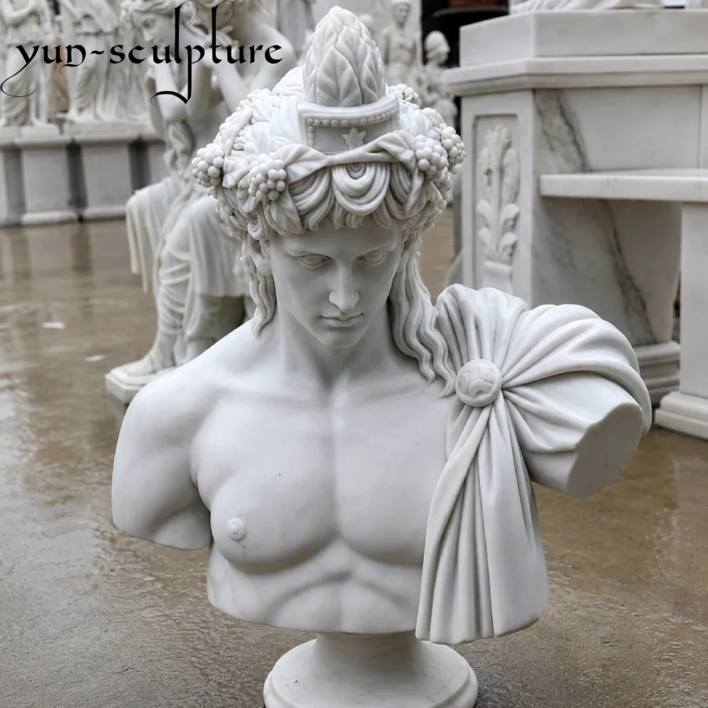 A hand-carved white marble personalized bust statue, capturing the intricate facial likeness and classical drapery of a male figure. Produced at Yun Sculpture’s Quyang foundry using high-quality Sichuan white marble, this portrait sculpture exemplifies the Roman tradition of commemorative busts for private estates and corporate lobbies.