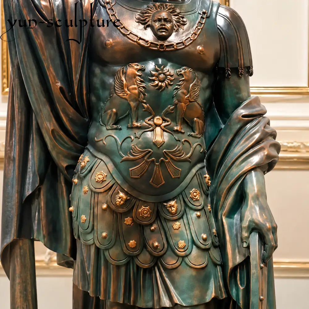 A close-up of intricate armor details on a cast bronze statue with a premium green patina, produced by Yun Sculpture. Our factory-direct model offers US buyers museum-grade lost-wax bronze at foundry pricing, with full support for HS code 9703 customs documentation and international shipping logistics.