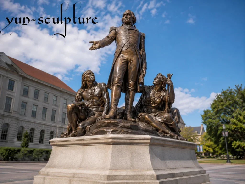 A monumental historical bronze sculpture group featuring three life-size figures on a large stone pedestal, set against an institutional building. This high-end custom commission demonstrates Yun Sculpture's ability to produce museum-quality lost-wax bronze landmarks at Quyang factory-direct pricing, bypassing the high overhead of Western studios.