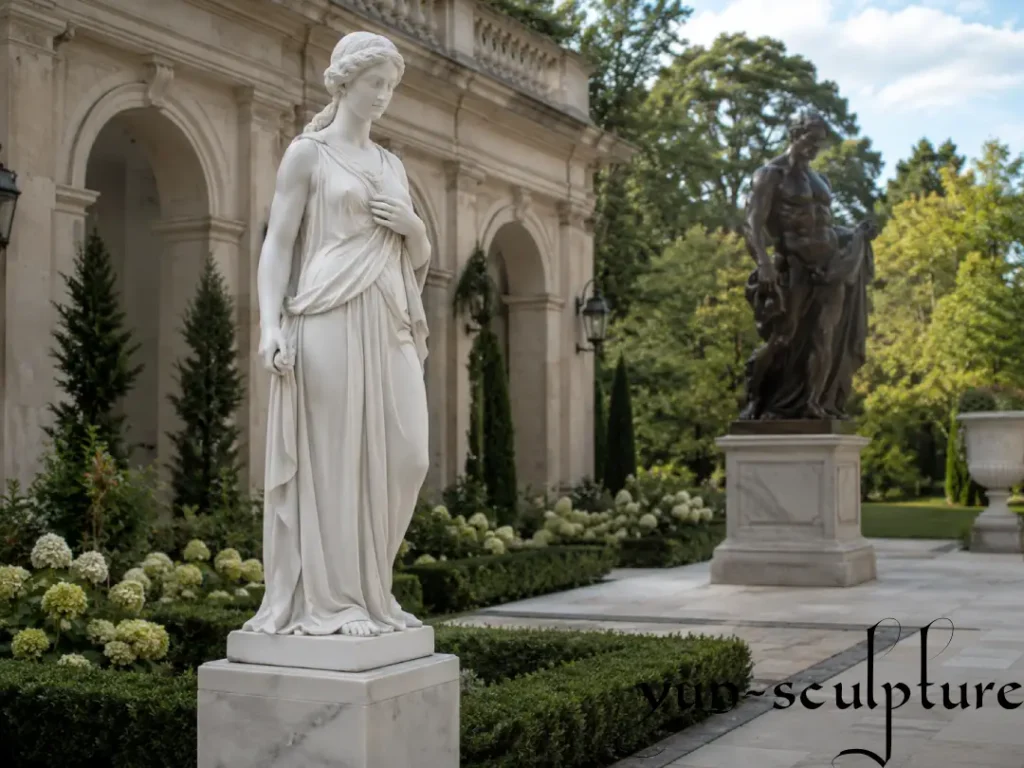 A formal garden setting showcasing a hand-carved white marble statue and a cast bronze figure on pedestals. This visual evidence of craftsmanship highlights the "quality-equivalent" standard produced by Yun Sculpture in Quyang, offering international buyers museum-grade art at 40-60% of Western studio pricing.