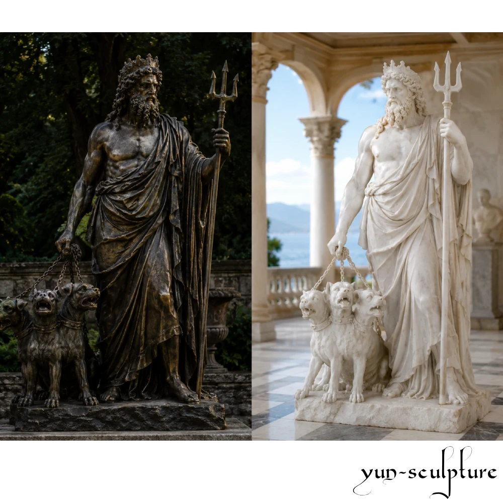 A side-by-side material comparison of a life-size Hades and Cerberus statue: cast bronze with a dark antique patina (left) for shaded garden settings, and hand-carved natural white marble (right) for formal interiors. This visual guide illustrates why bronze is the "unambiguous choice" for chthonic or dark garden themes due to its presence in low light and moisture resistance.