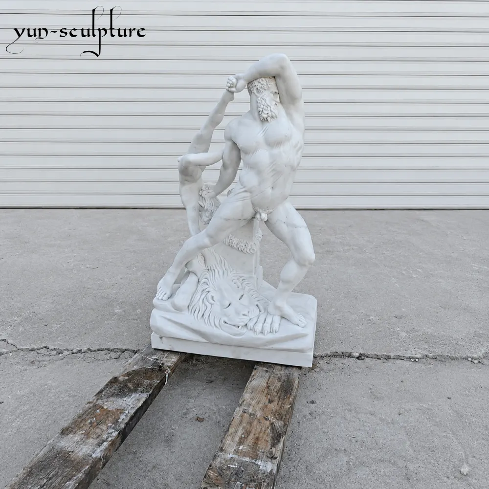 A hand-carved natural white marble statue of Hercules in an active combat pose, subduing the Nemean lion. This sculpture exemplifies the extreme musculature and raw physical power described in our Greek iconography guide, making it a compelling focal point for large-scale outdoor garden installations.
