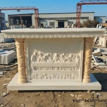 A monumental hand-carved natural white marble church altar, the "heart of the church," featuring a high-relief of The Last Supper and ornate Solomonic twisted columns with grape vine details. This liturgical centerpiece is designed for Catholic and Lutheran sanctuaries to provide a unified aesthetic with matching ambos and pulpits.