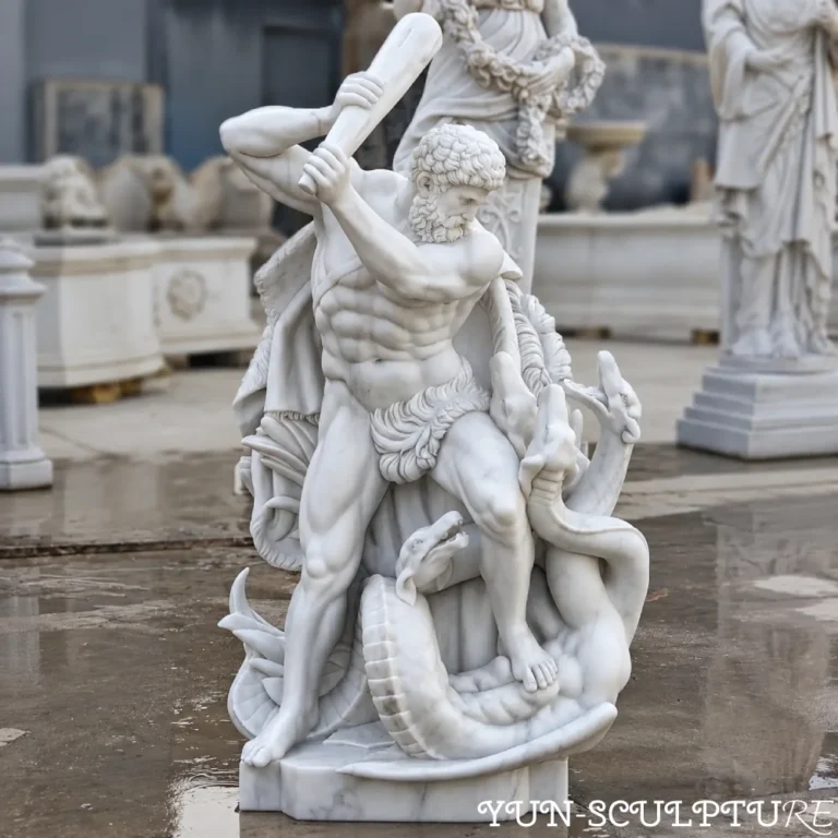 A museum-quality hand-carved natural white marble statue of Hercules (Heracles) in a dynamic combat pose, battling the multi-headed Hydra. The sculpture captures overwhelming physical power and the iconographic signatures of the lion skin and club, serving as a powerful symbol of strength and perseverance for luxury estates.