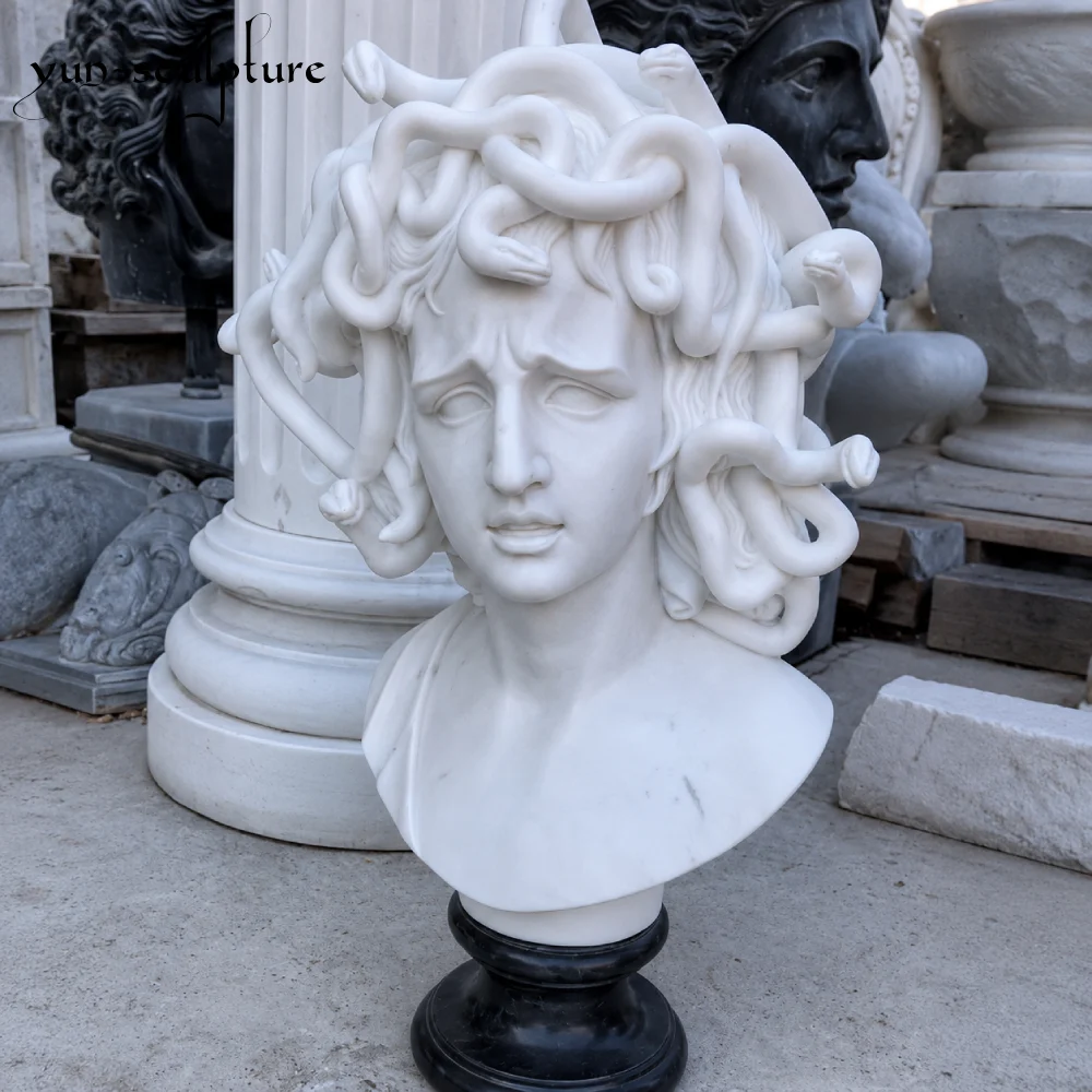 A masterful hand-carved natural white marble bust of Medusa, inspired by Bernini’s Baroque sculpture. This high-end figurative piece showcases incredible detail in the writhing serpents and expressive facial features, illustrating Yun Sculpture's ability to push the boundaries of stone carving for unique private collections.