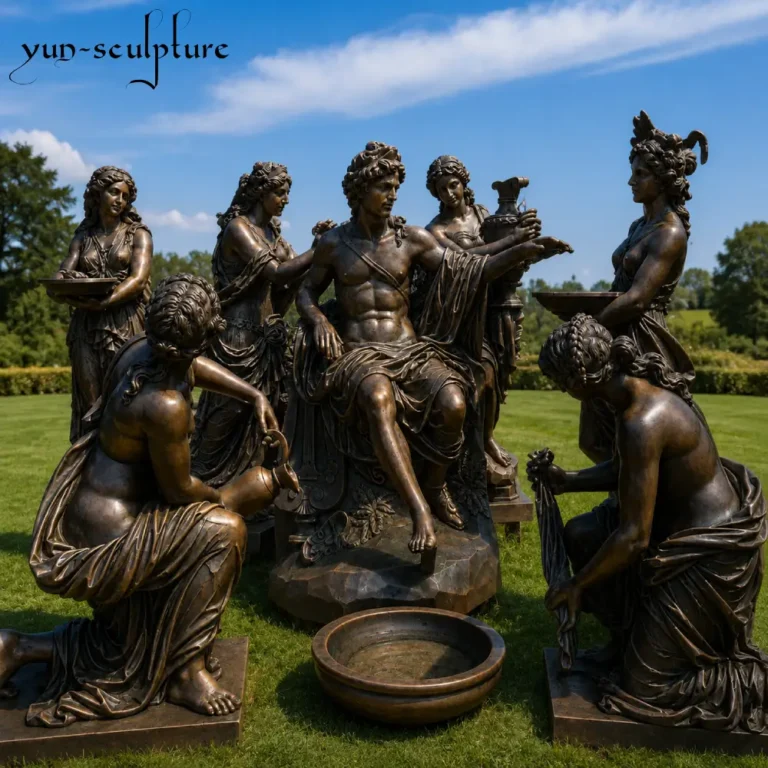 A heroic-scale cast bronze sculpture group featuring the Greek God Apollo surrounded by attending nymphs, installed in a lush estate garden. As one of our most commissioned male Greek god figures, this life-size bronze ensemble represents the classical ideal of beauty and achievement, serving as a permanent architectural anchor for high-end landscape programs.