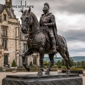 A monumental life-size bronze equestrian statue of a knight in full medieval armor, positioned as a landmark at a grand estate entrance. This sculpture embodies the chivalric code of courage, loyalty, and justice, serving as a powerful institutional statement that the space is governed by these human values.