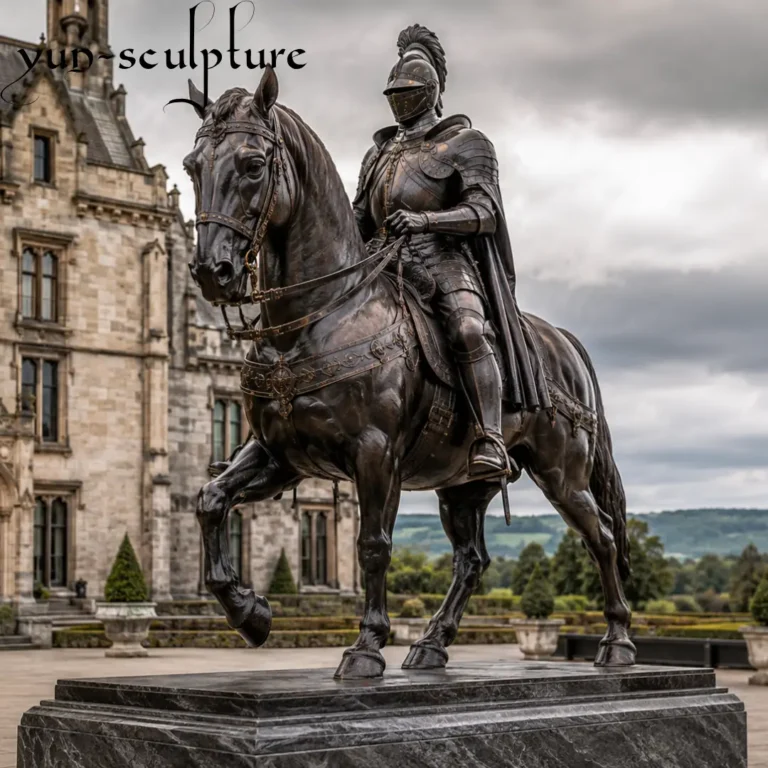 A monumental life-size bronze equestrian statue of a knight in full medieval armor, positioned as a landmark at a grand estate entrance. This sculpture embodies the chivalric code of courage, loyalty, and justice, serving as a powerful institutional statement that the space is governed by these human values.