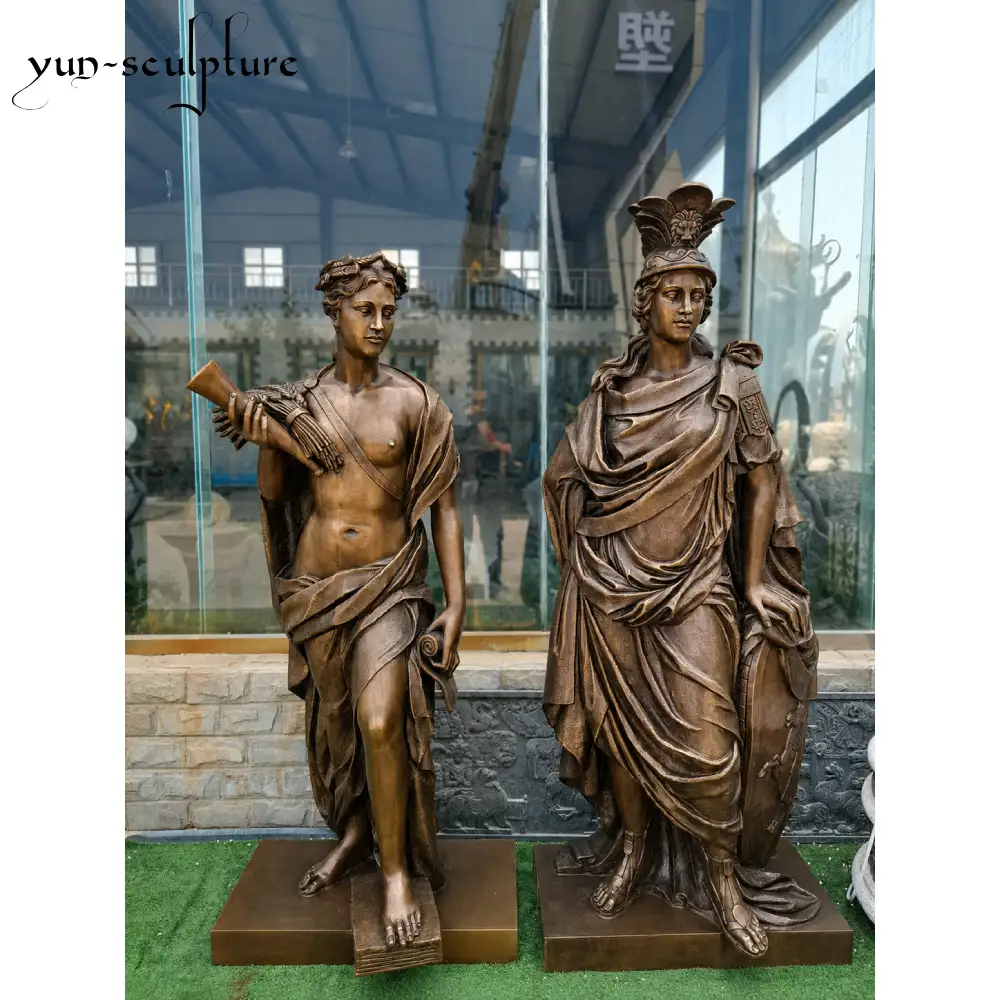 A pair of life-size cast bronze statues of the Greek goddesses Athena and Demeter (Ceres) at the Yun Sculpture foundry. As recommended in our material guide, the warm brown patina and structural durability of silicon bronze make these figures ideal for permanent outdoor garden installations or prestigious estate entrances.