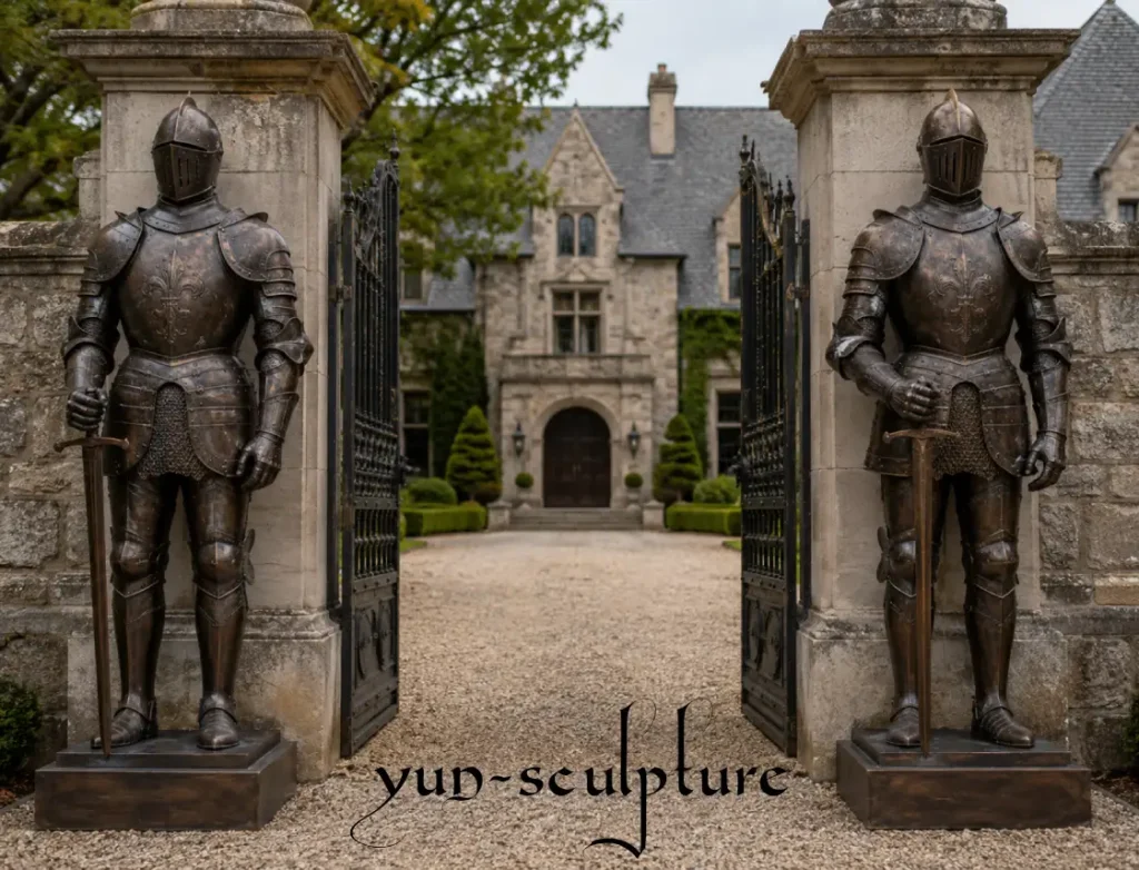A pair of life-size cast bronze knight statues in full Gothic plate armor, standing as symmetrical guardians at a stone manor entrance. This setting perfectly illustrates the chivalric code of protection and hospitality, serving as a powerful architectural declaration for luxury estates and hotel entrance halls.