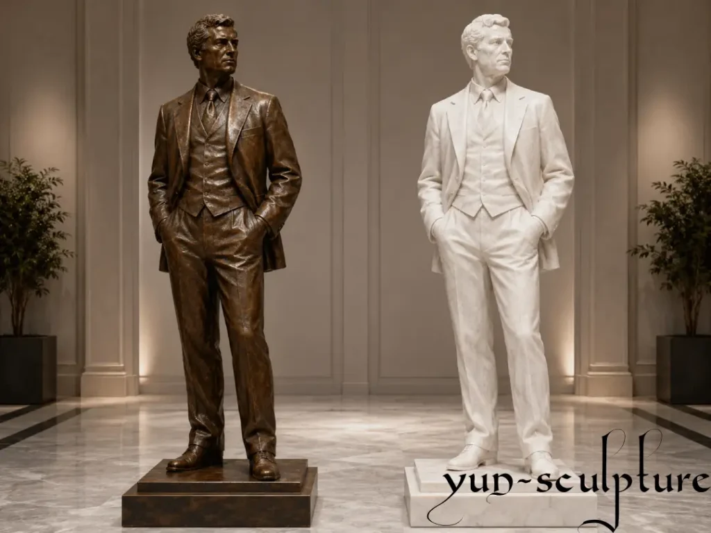 A side-by-side comparison of a life-size (1:1 scale) bronze statue and a white marble human figure, both standing in a luxury corporate lobby. This visual benchmark illustrates how different materials affect the aesthetic of a life-size commission, catering to environments ranging from corporate halls to private estates.
