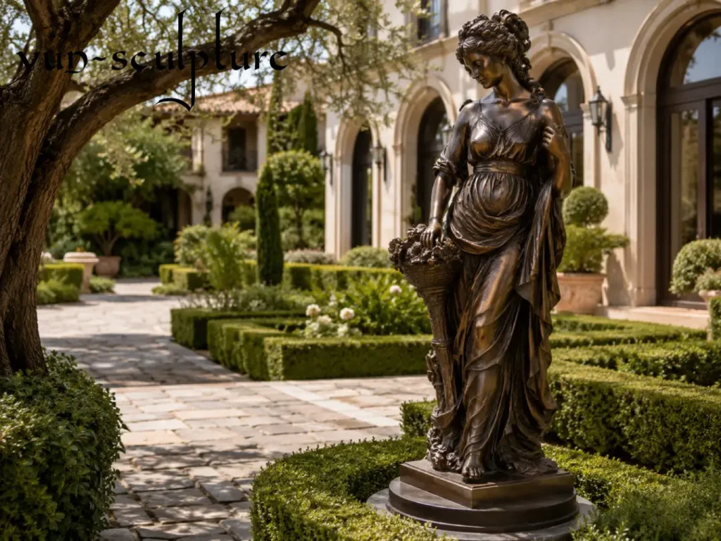 An elegant life-size classical bronze lady statue installed as a focal point in a manicured residential garden. This high-quality reproduction from Yun Sculpture’s mold library offers a luxurious yet cost-effective decorative solution for estates and commercial interiors, as detailed in our pricing guide.