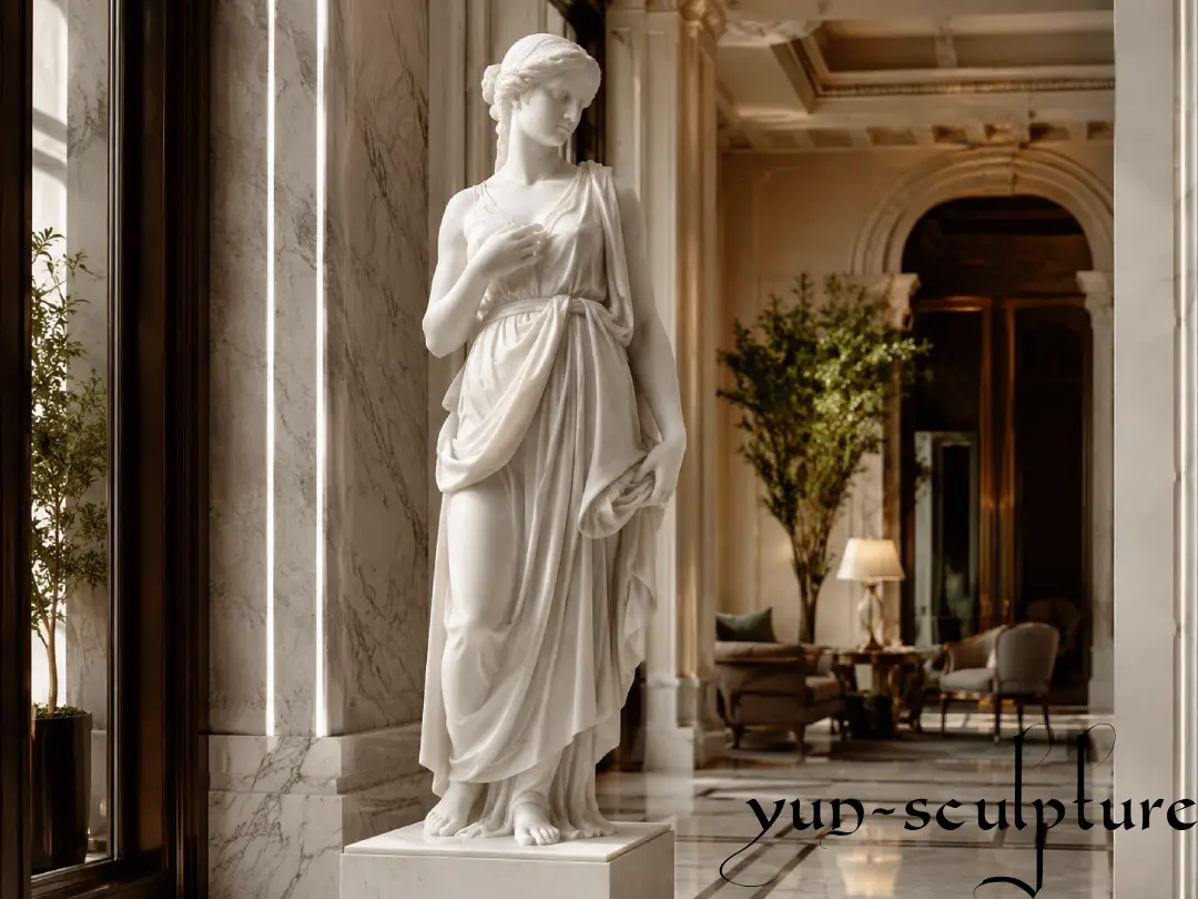 A life-size, hand-carved natural white marble statue of a classical draped figure, perfectly positioned in a luxury hotel lobby. This subtractive sculpture highlights marble's unique translucency and cool precision under interior lighting, making it the premier choice for prestigious architectural settings as described in our marble buyers guide.