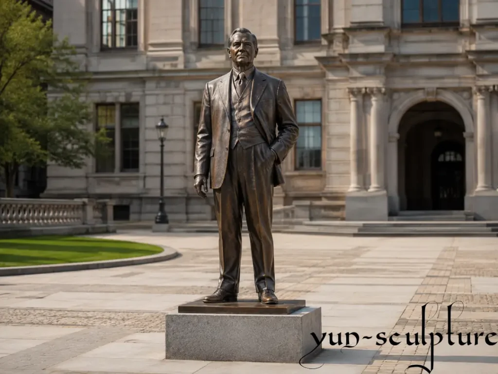 A life-size outdoor memorial statue cast in professional-grade silicon bronze (C87200 alloy) with a 5-8mm wall thickness. Standing on a stone pedestal at an institutional entrance, this solid bronze sculpture by Yun Sculpture utilizes the lost-wax process to ensure permanent durability and a museum-quality finish designed to last for centuries.