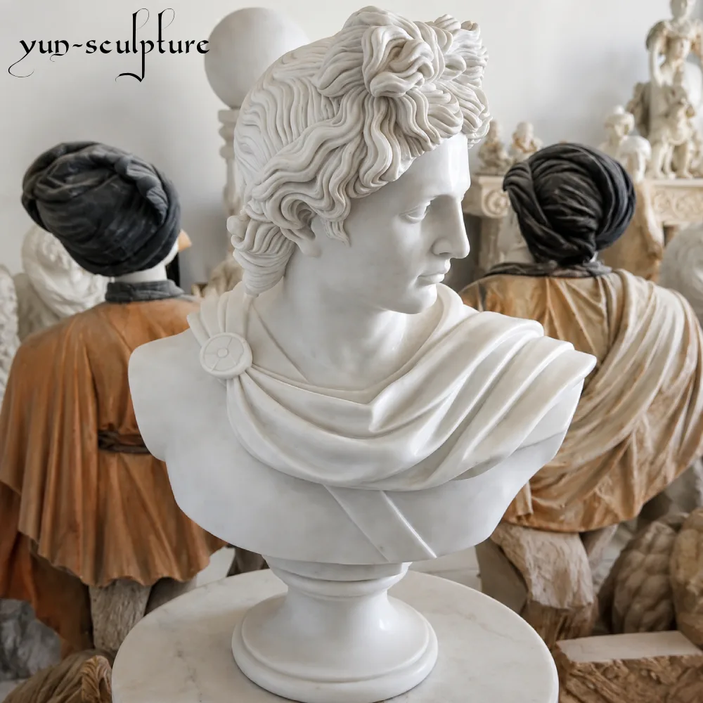 A side profile of a hand-carved life-size white marble bust of a classical Greek deity, showcasing museum-quality hair detail and facial contours. This piece is designed for institutional settings, adhering to the recommended one-third bust-to-pedestal height ratio to achieve correct visual proportion and presence at distance, as explained in our commission guide.