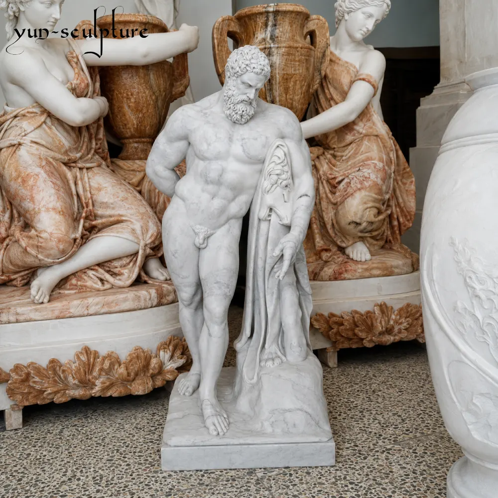 A life-size, hand-carved natural white marble statue of the Farnese Hercules, showing the hero at rest with museum-quality anatomical detail. Representing the Roman tradition of formal, authoritative divine sculpture, this piece brings a powerful architectural presence to luxury estates and formal gardens.