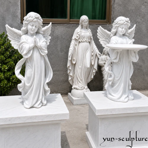 A matching set of hand-carved natural white marble church statues, including a serving angel with a shallow baptismal font basin. These solid stone sacred vessels exemplify why "water loves stone"—offering a dense, leak-proof, and rust-free solution for holy water that connects modern sanctuaries to early Christian history.