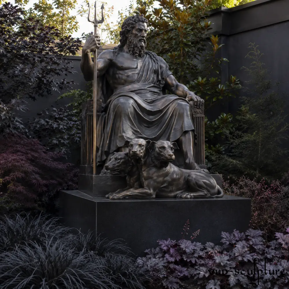A life-size cast bronze statue of Hades seated on a throne with Cerberus at his feet, positioned in a shaded garden with dark purple foliage. This installation exemplifies our narrative garden strategy—placing the god of the underworld in a contemplative, shaded corner to contrast with sunlit spaces, creating a deep mythological atmosphere as described in our guide.