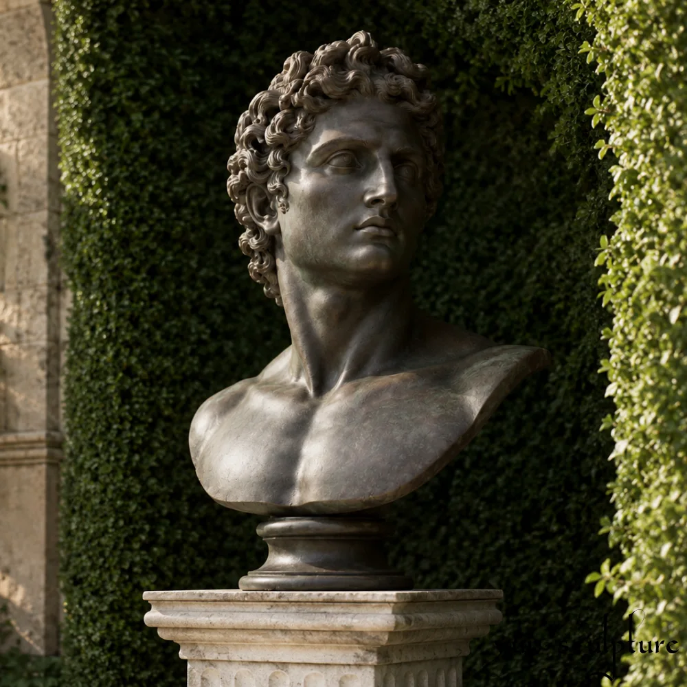 A cast silicon bronze bust of Apollo Belvedere mounted on a stone column pedestal against a dark green hedge. As recommended in our guide for water-adjacent placement, silicon bronze is used to ensure maximum durability against water splashes, making it a perfect aesthetic and structural choice for reflecting pools and luxury garden landscapes.