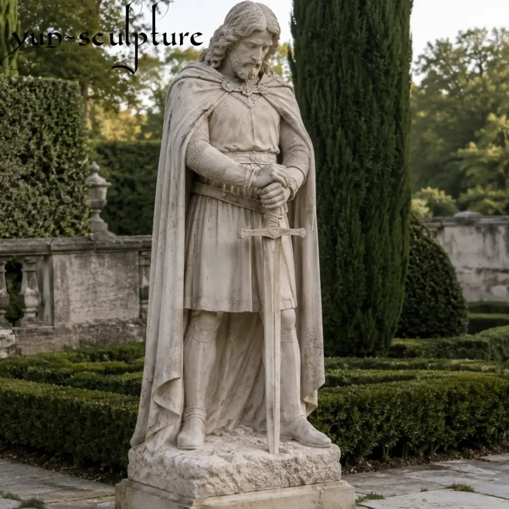A hand-carved stone knight statue in a contemplative guard pose with a longsword, set in a formal garden with cypresses. This figure represents the 13th-century European tradition of using flanking sculptures to frame manor entrances and create a dramatic, guarded threshold for visitors.