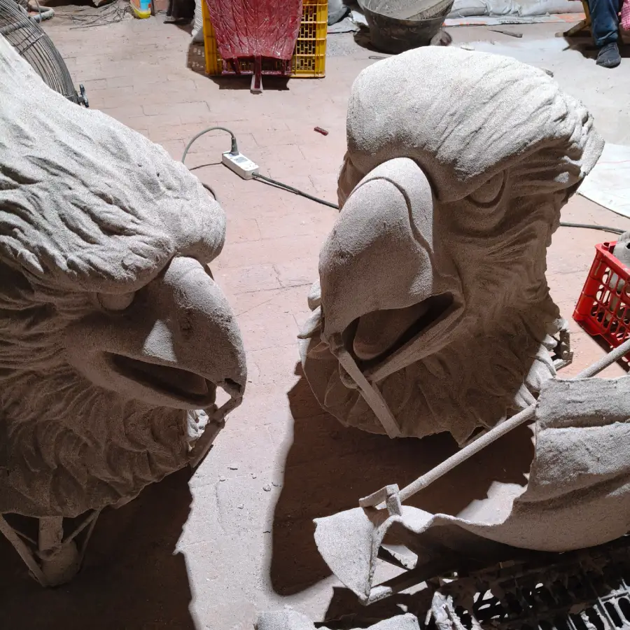 Bluebird sculpture wax pattern coated with refractory slurry and sand to form a ceramic shell mold.