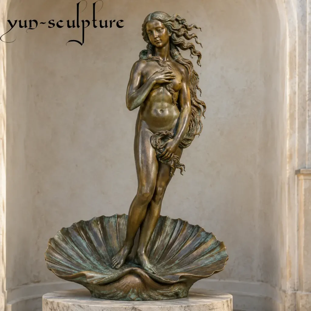 A majestic cast bronze statue of the Birth of Venus standing on a seashell, inspired by Sandro Botticelli’s Renaissance masterpiece. This life-size outdoor sculpture captures the iconic Venus Pudica pose and flowing hair, serving as a permanent three-dimensional realization of the famous painting for luxury gardens and estates.