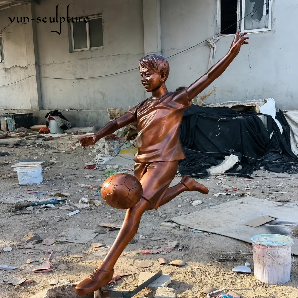 Side view of a bronze soccer player sculpture capturing a perfect mid-action moment. Cast in genuine lost-wax bronze with a durable patina, this 1:1 scale figure is an ideal architectural landmark for school athletic facilities or sports memorials.