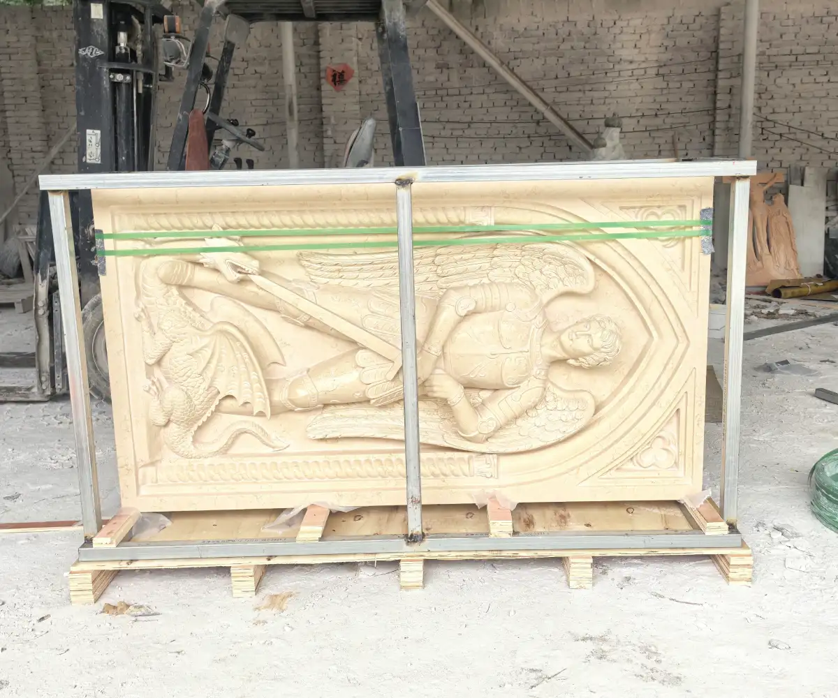 Church marble relief protected with a reinforced steel frame before long-distance transport