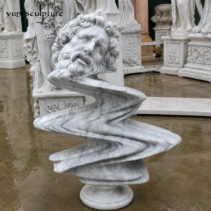 A masterpiece of contemporary abstract figurative sculpture: a hand-carved white marble bust of Laocoön featuring a surreal liquid-warp effect. This piece uses intentional distortion to express intense movement and energy, providing a sophisticated focal point for indoor settings where natural light interacts with the stone's surface quality.