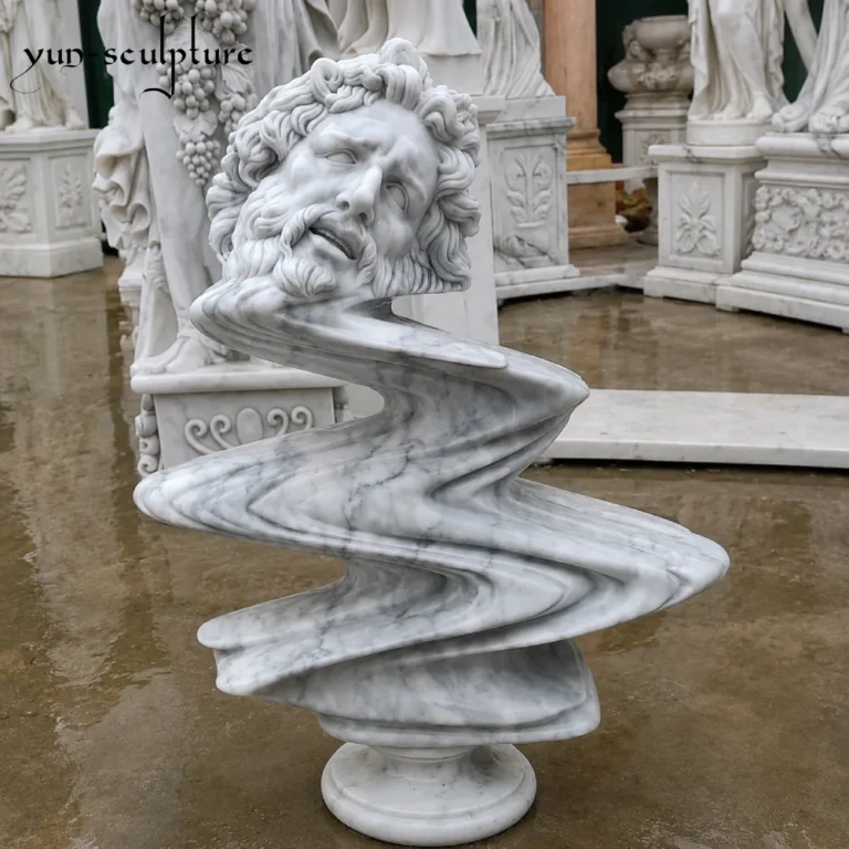 A masterpiece of contemporary abstract figurative sculpture: a hand-carved white marble bust of Laocoön featuring a surreal liquid-warp effect. This piece uses intentional distortion to express intense movement and energy, providing a sophisticated focal point for indoor settings where natural light interacts with the stone's surface quality.