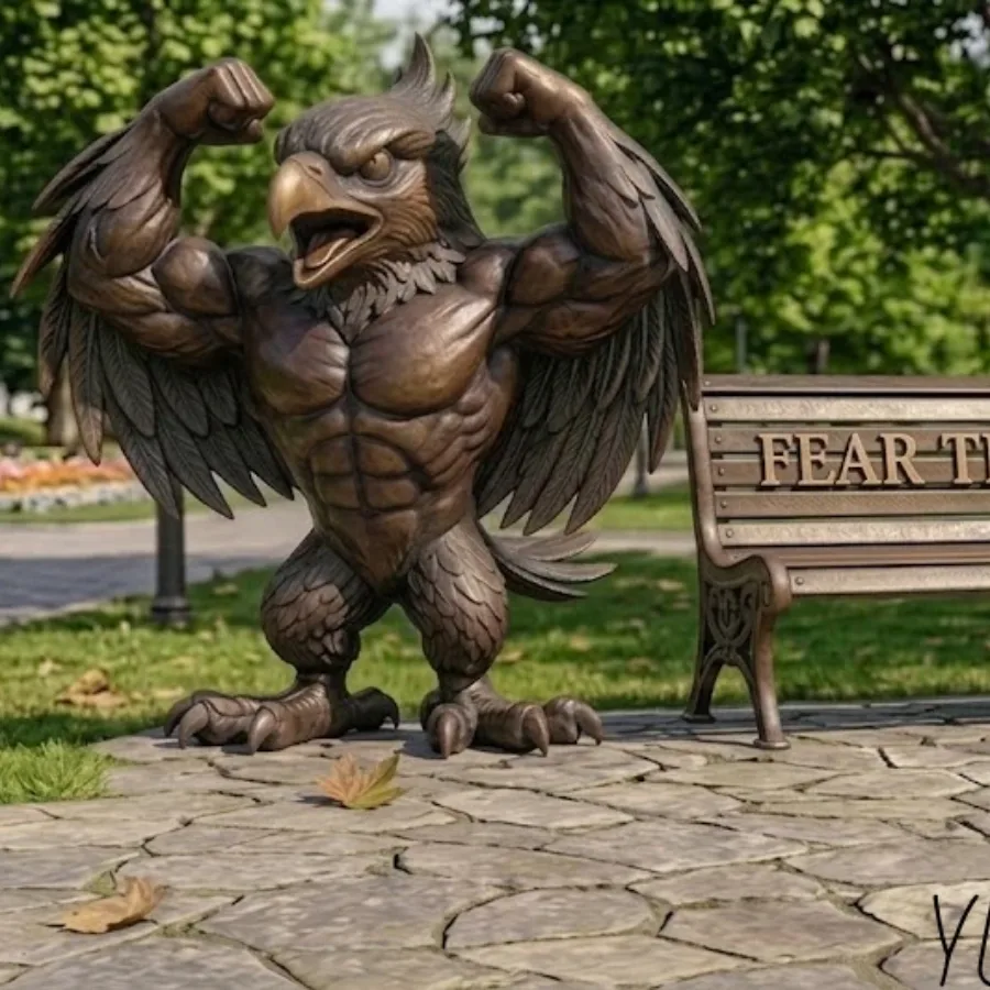 Concept design of the custom bronze bluebird mascot sculpture with a bench.