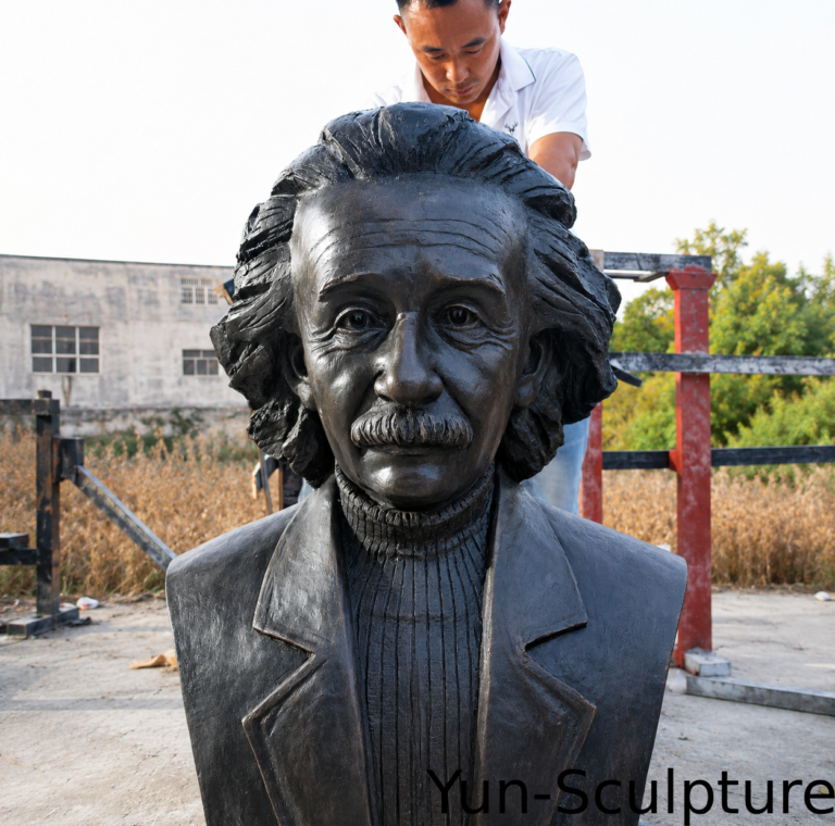A high-fidelity custom bronze portrait bust of Albert Einstein being inspected at the Yun Sculpture foundry. This masterpiece illustrates why we recommend multiple high-resolution photographs from various angles to accurately resolve facial profiles and three-dimensional proportions during the clay modeling stage.