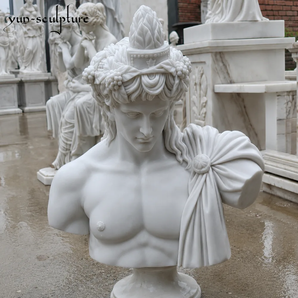 A Tier 3 museum-quality hand-carved natural white marble portrait bust, featuring intricate floral headpiece and classical drapery. This bespoke sculpture, produced at the Yun Sculpture workshop, highlights the natural stone's translucency and light-holding quality, making it an ideal choice for institutional memorials or permanent indoor display.