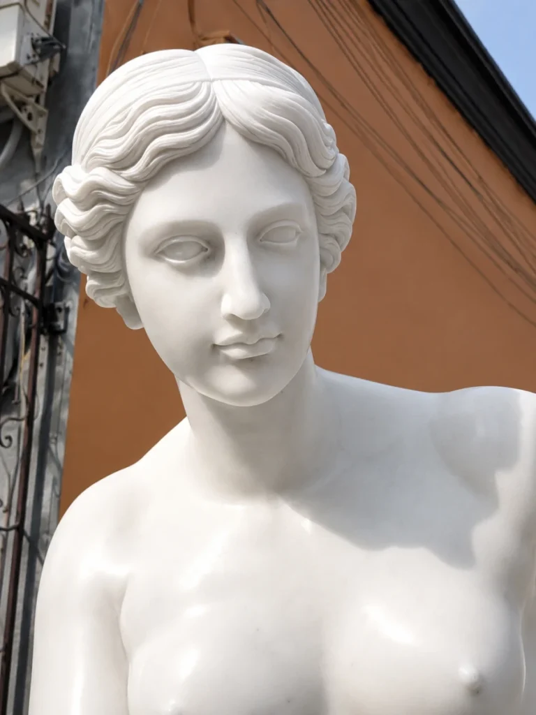 Close-up of the head of a hand-carved marble Venus de Milo replica, showing intricate hair detail and serene facial expression. This museum-quality finish is achieved through weeks of individual hand-carving at our Quyang foundry.