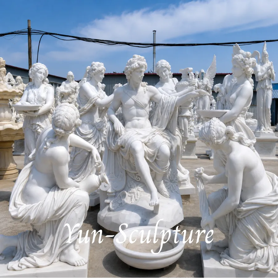 A monumental group of life-size, hand-carved natural white marble statues at Yun Sculpture’s Quyang workshop. This ensemble demonstrates the enduring 1,500-year tradition of stone carving in Hebei, offering museum-quality classical replicas for modern private and institutional commissions as discussed in our guide.