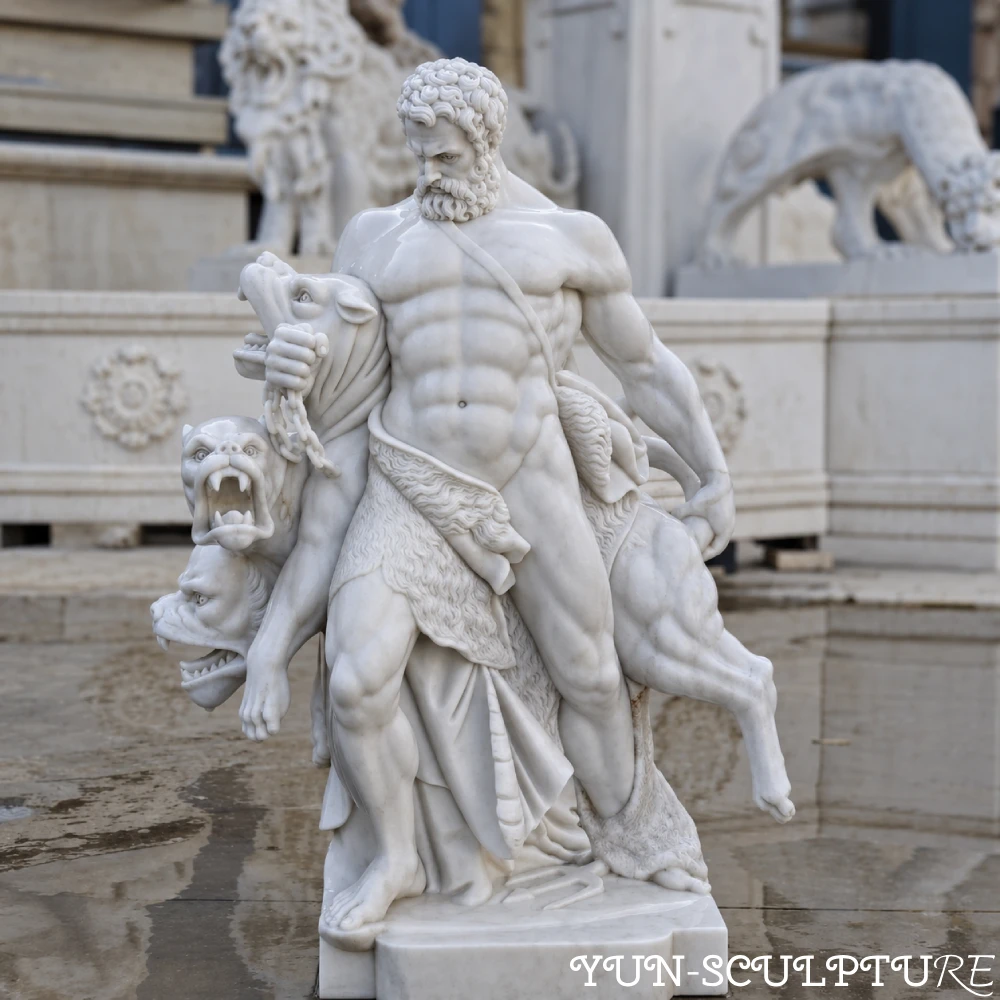 A museum-quality hand-carved white marble statue of Hercules capturing the three-headed dog Cerberus, representing his final 12th labor. This life-size figurative sculpture from the Yun-Sculpture workshop features incredible anatomical detail and flowing drapery, serving as a permanent architectural landmark for luxury estate gardens.