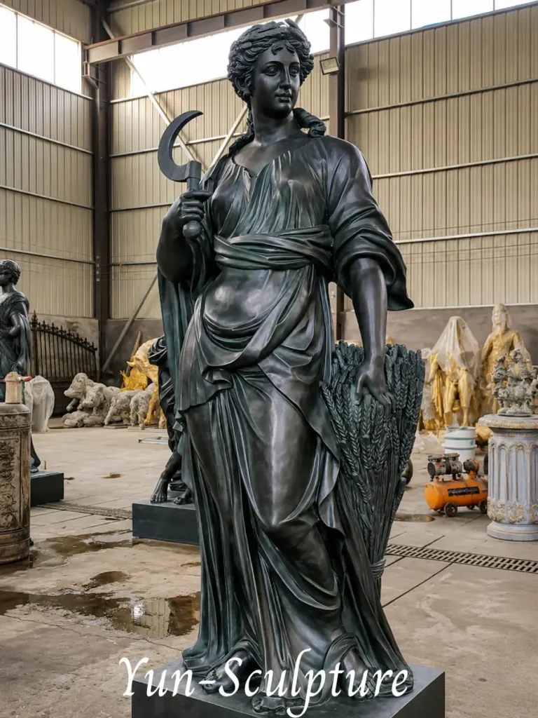 A majestic life-size cast bronze statue of the Greek goddess Demeter (Roman Ceres) holding a sickle and a bundle of wheat, hand-finished with a dark bronze patina. Following the principles of classical garden sculpture, this presiding figure is designed to command sightlines and offer rich detail for close-range inspection in estate or institutional landscapes.