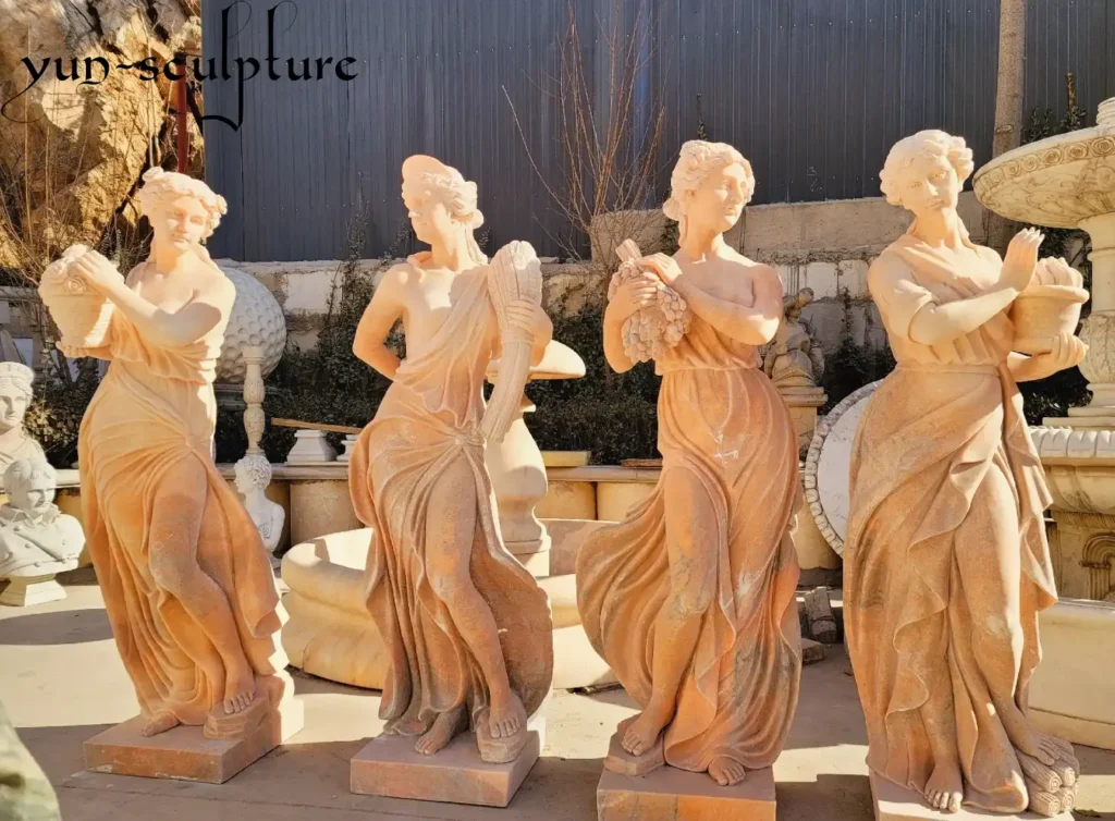 A set of four life-size figurative sculptures hand-carved from natural beige marble, representing the classical Four Seasons allegory. As unmistakable recognizable subjects, these statues showcase the transition from anatomical detail to elegant drapery, embodying the dominant tradition of representational figurative art at the Yun Sculpture workshop.