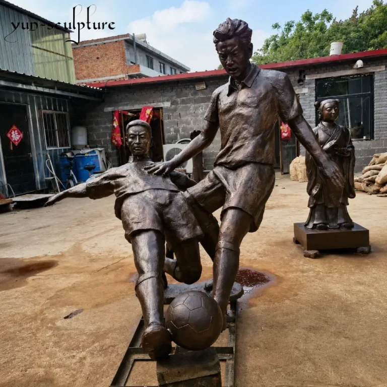 A finished life-size bronze football player statue in a dynamic action pose, featuring a durable 5-8mm wall thickness. Cast in genuine bronze with 85% copper content, this permanent outdoor sculpture is ideal for stadium entrances and athletic facilities.