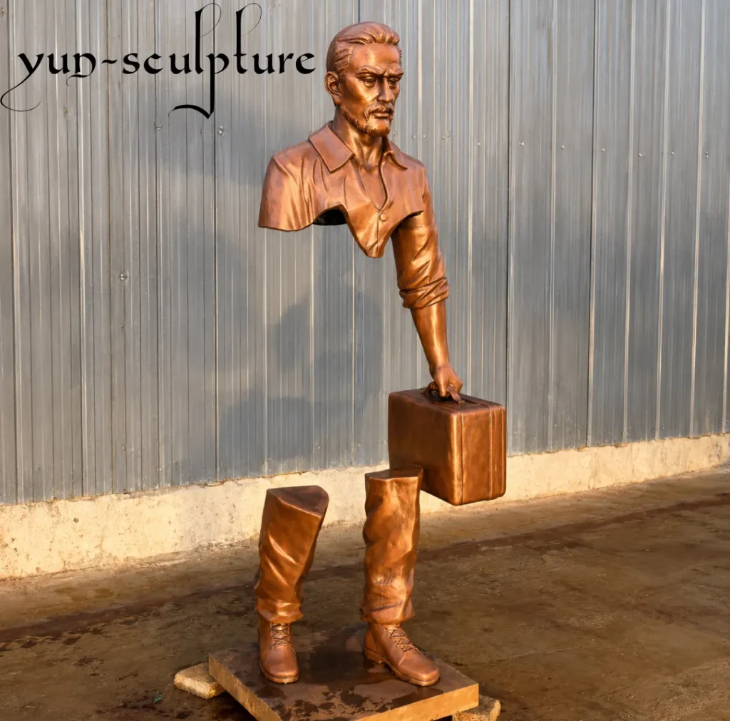A striking life-size abstract figurative bronze sculpture of a traveler carrying a suitcase, hand-cast at the Yun Sculpture foundry. This modern masterpiece utilizes intentional negative space and body fragmentation to intensify the feeling of movement and transition, serving as a prime example of stylization in contemporary metal art.