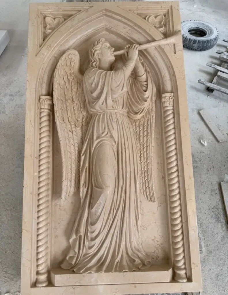 St. Gabriel marble relief during the stone carving stage for a U.S. church project