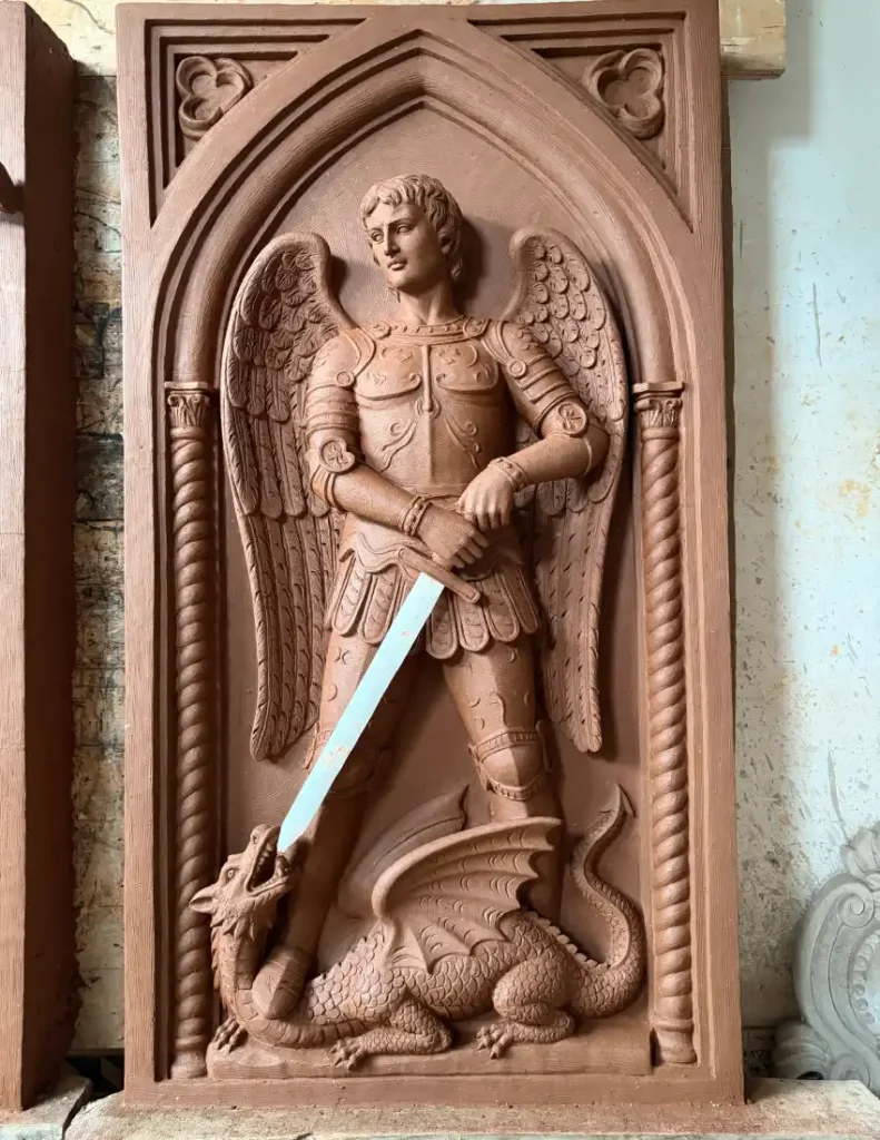 St. Michael sculptural model with sword and dragon prepared for a custom marble relief