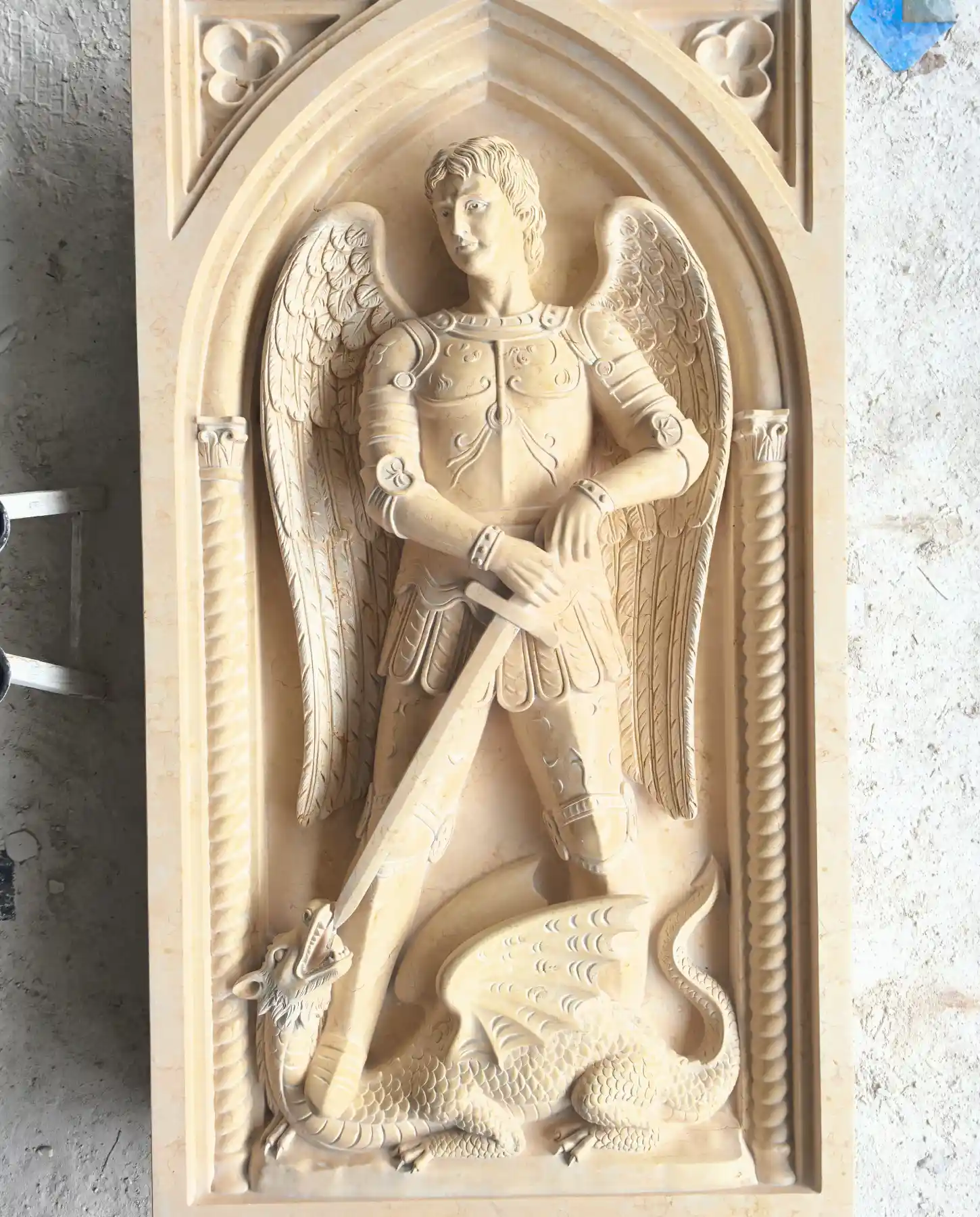 Custom St Michael the Archangel marble relief sculpture hand carved from natural stone