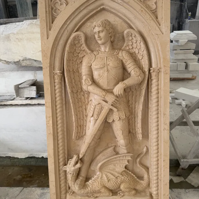 Custom St Michael the Archangel marble relief sculpture carved from natural marble