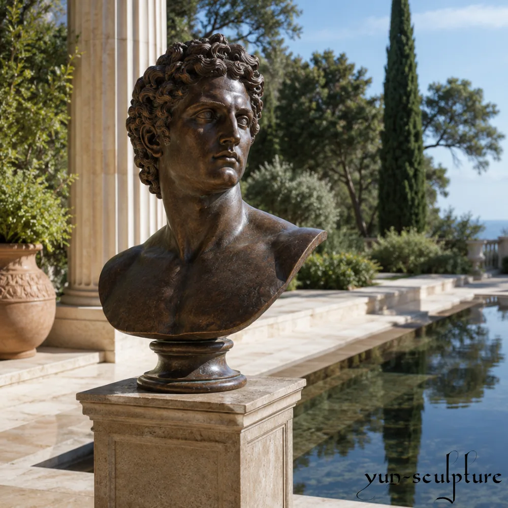 A premium Tier 4 cast bronze portrait bust with a rich antique patina, mounted on a stone pedestal in a luxury poolside garden. Produced via the traditional lost-wax method with 85% copper content, this solid metal sculpture by Yun-Sculpture is engineered for permanent outdoor installation and institutional memorials, designed to last for decades without maintenance.